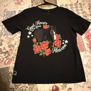 Black Tee with Horse and Rose Design